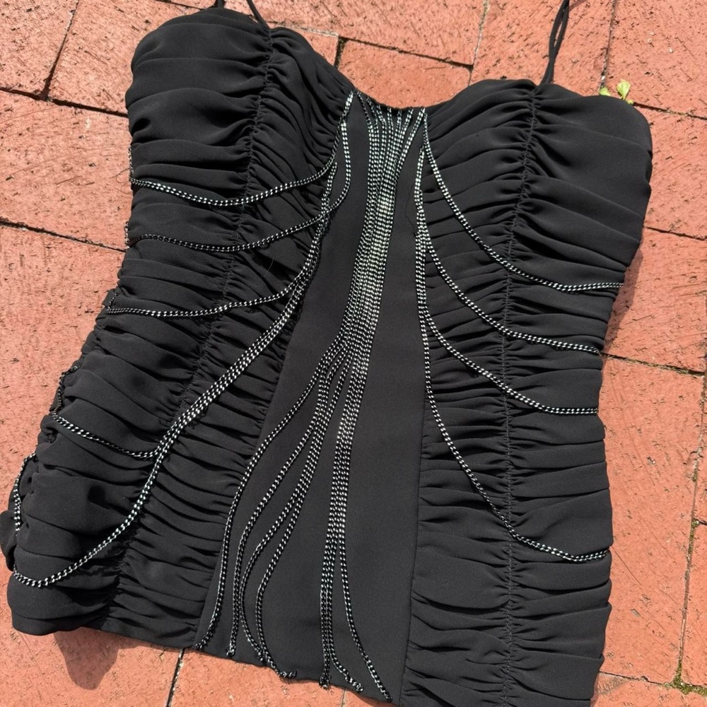 Cache Black Strapless Ruched Evening Top with Beaded Trim